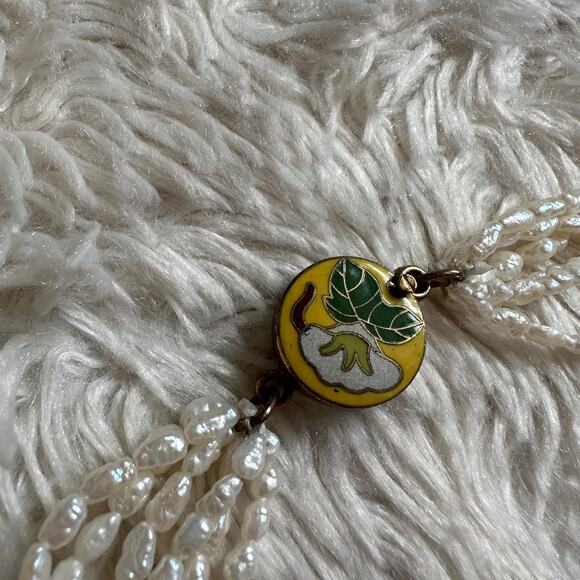 Vintage 6 Strand Freshwater Rice Irregular Pearl Necklace Cloisonne Closure - Picture 3 of 8
